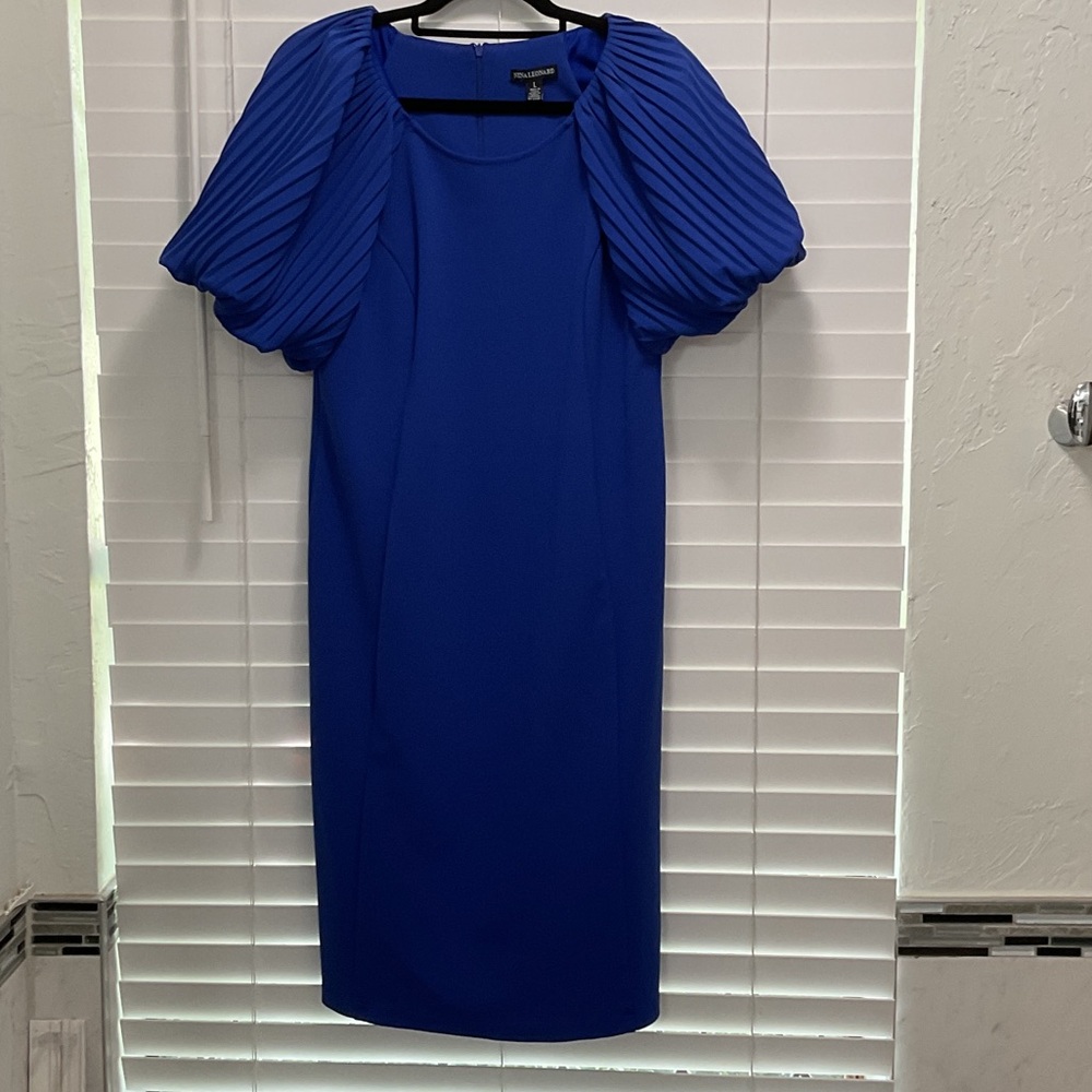 Nina Leonard Royal Blue Midi Dress with Pleated Puff Sleeves